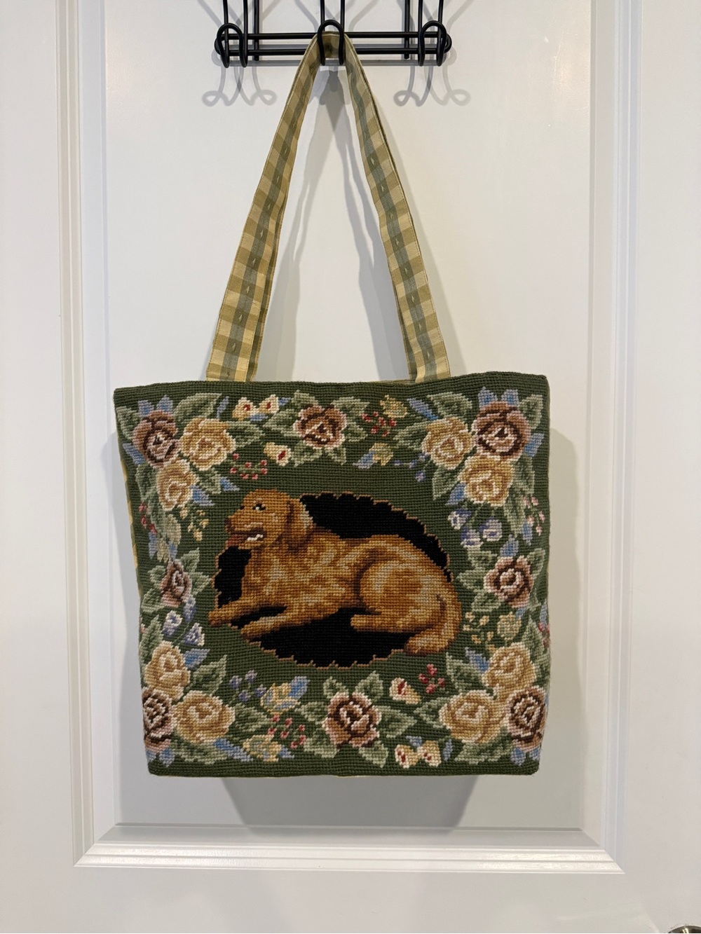 Vintage Golden Retriever Floral Needlepoint Tote Bag